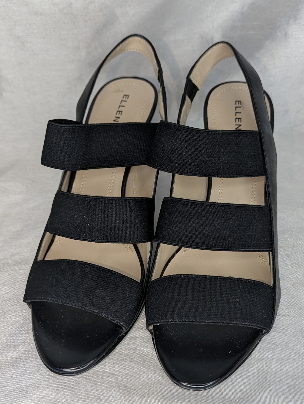 Ellen Tracy Black Leather Slingback Heels Open Toe Elasticized Straps, Josie 8